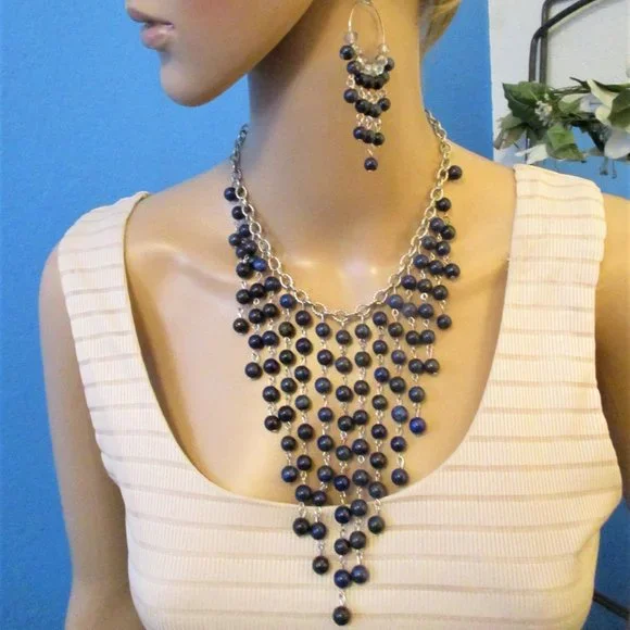 Etruscan Style Midnight Blue Silver Fringe Necklace Earrings Set Vintage - Picture 2 of 13